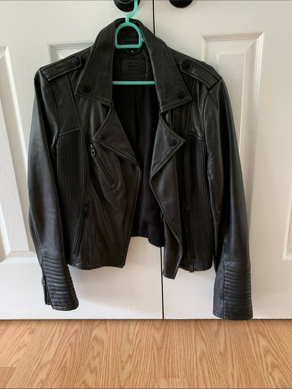 RUDSAK Black Leather Moto Jacket with Ribbed Panels